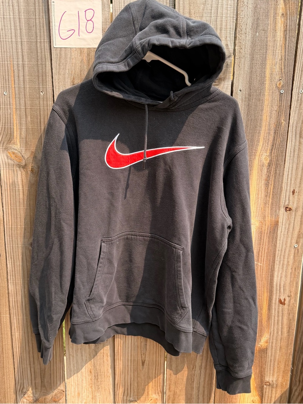 Vintage Y2K Nike Black Hoodie with Red and White Swoosh Size Large